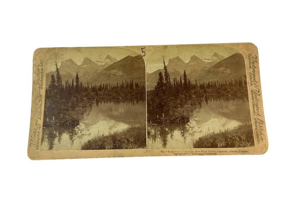Antique 1900 Underwood Stereoview Three Sisters Bow River Canmore Alberta Canada